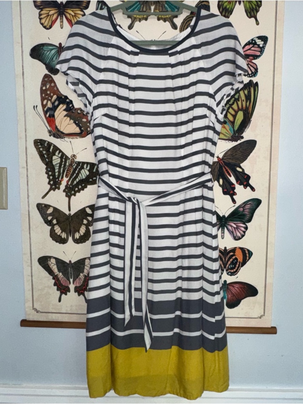 Boden Striped Midi Dress in White, Gray & Mustard